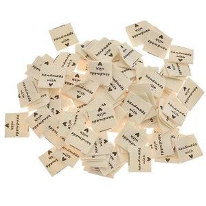 50 PCS HANDMADE With LOVE fabric labels 20*20mm-Handgemachte Stoffetiketten-Etiquettes en tissu Faite a la main-Fabric labels