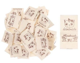 50 PCS HANDMADE With LOVE fabric labels 20*20mm- Handgemachte Stoffetiketten - Etiquettes en tissu Faite a la main - Fabric labels