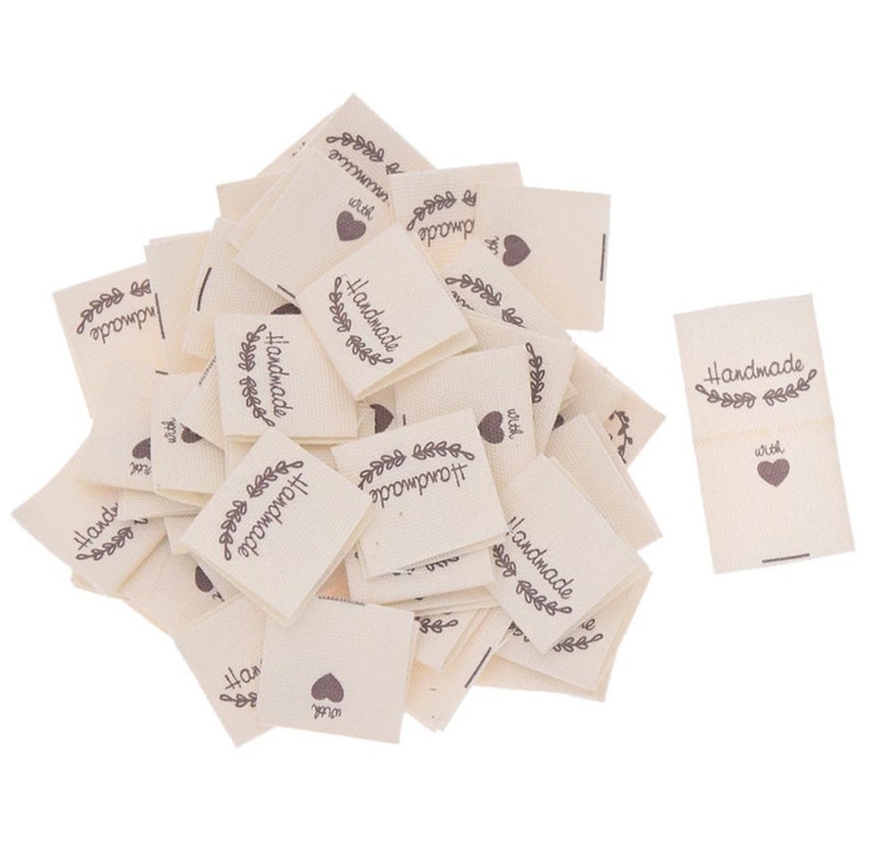 50 PCS HANDMADE With LOVE fabric labels 2020mm Handgemachte Stoffetiketten Etiquettes en tissu Faite a la main Etiquetas de tela zdjęcie 1