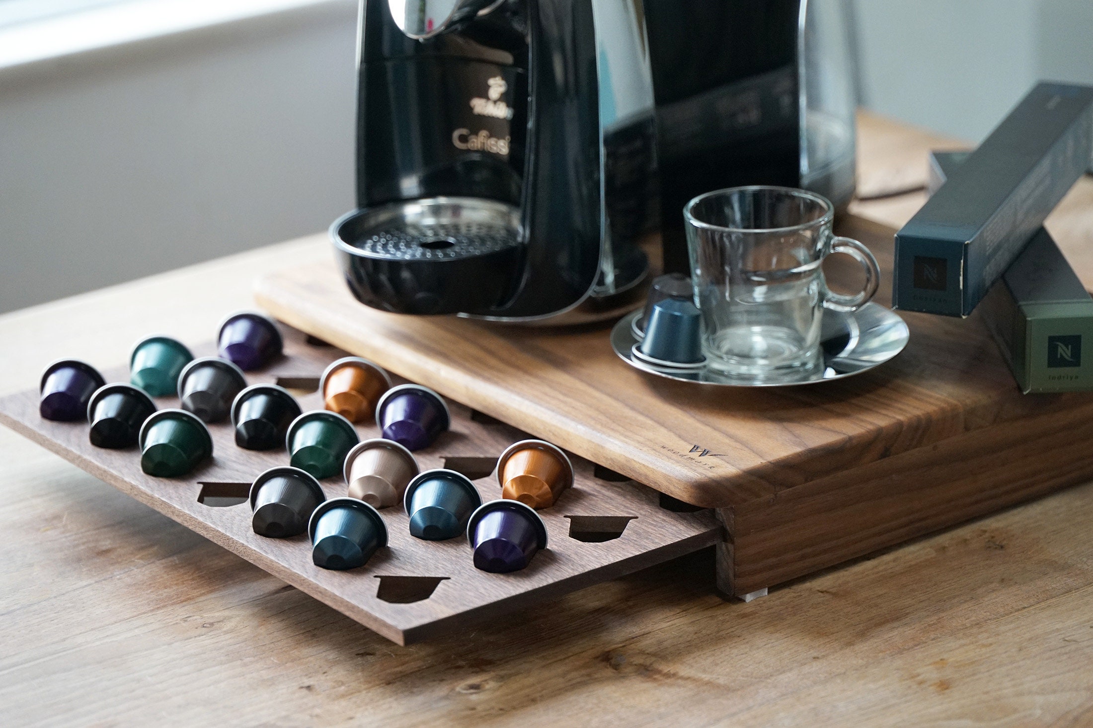 Nespresso Barista Wooden Tray Coffee Serving Glass Mug Cup Gift