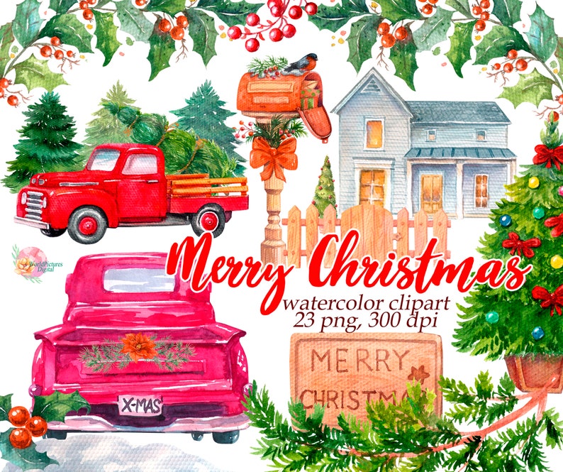 Watercolor Christmas Clipart Red PickupTruck Christmas image 0