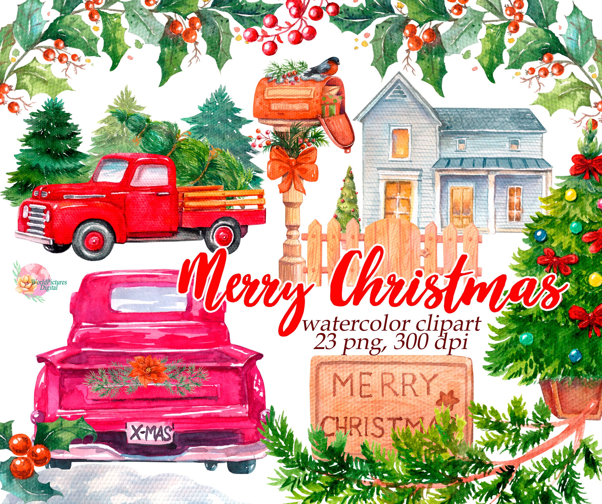 Red Pick Up Truck Christmas Original Watercolor painting Wall Art Gift Art & Collectibles