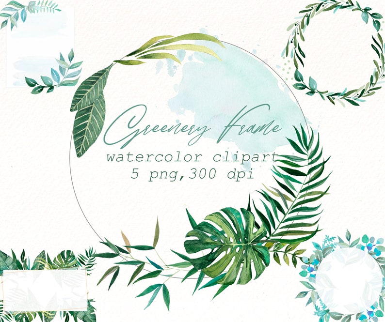 png files digital download greenery palm leaves wedding frames Watercolor Tropical frame clipart Spring floral wreath