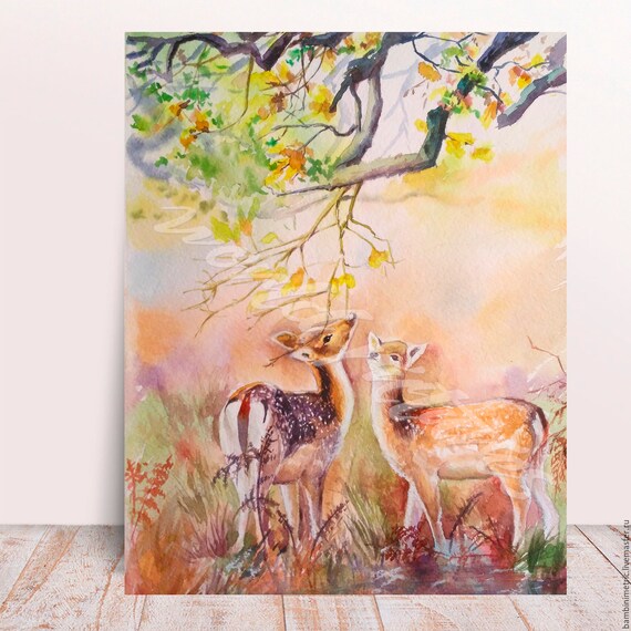 Fall Deer Watercolor PRINT Animal Lovers Fall Leaves Woodland Creature Stag Autumn
