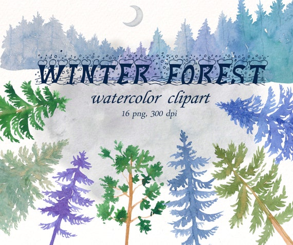 Watercolor Winter Forest Clipart Woodland Christmas Trees Etsy