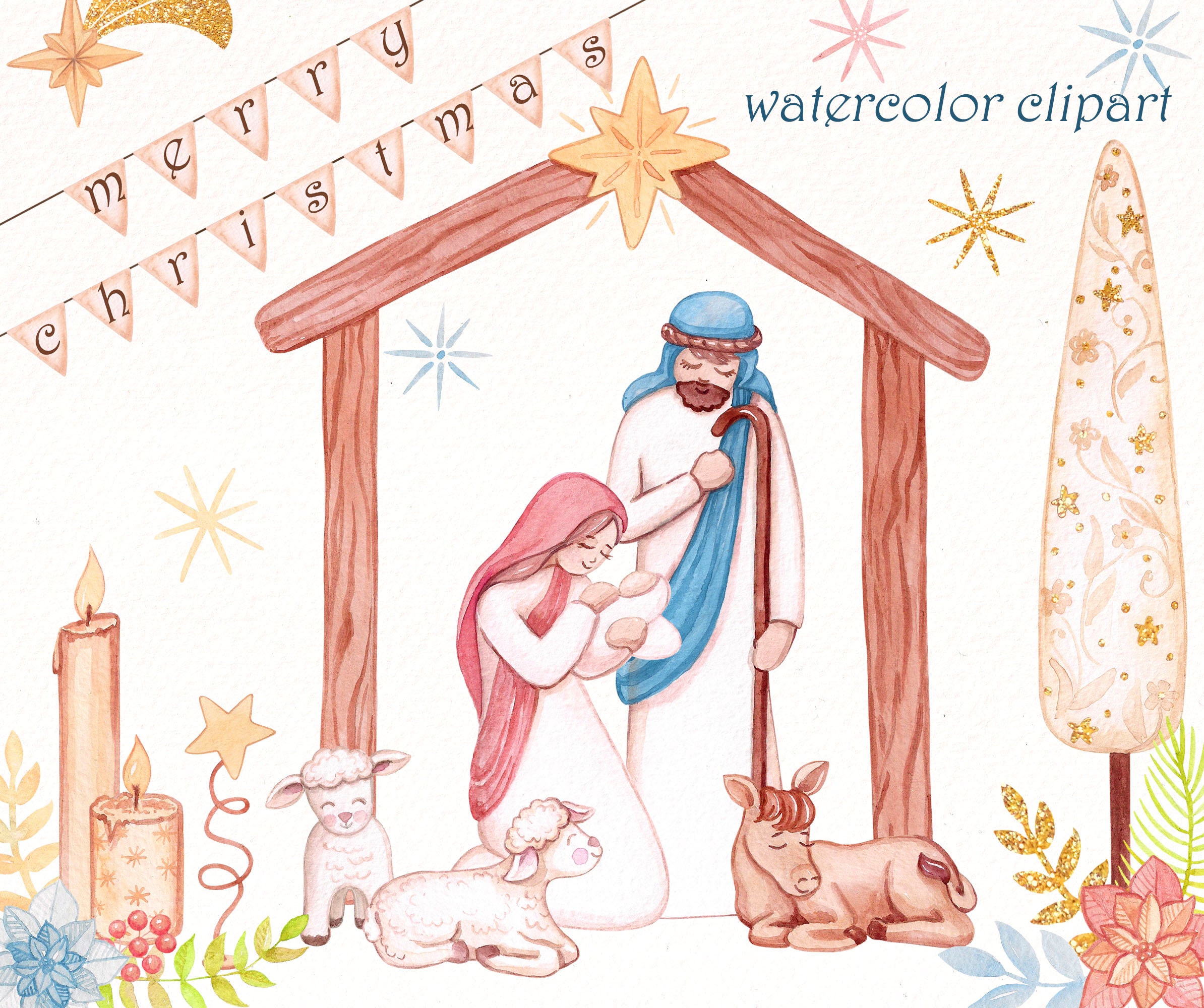 Nativity scene Christmas watercolor clip art.Marry Jesus Etsy