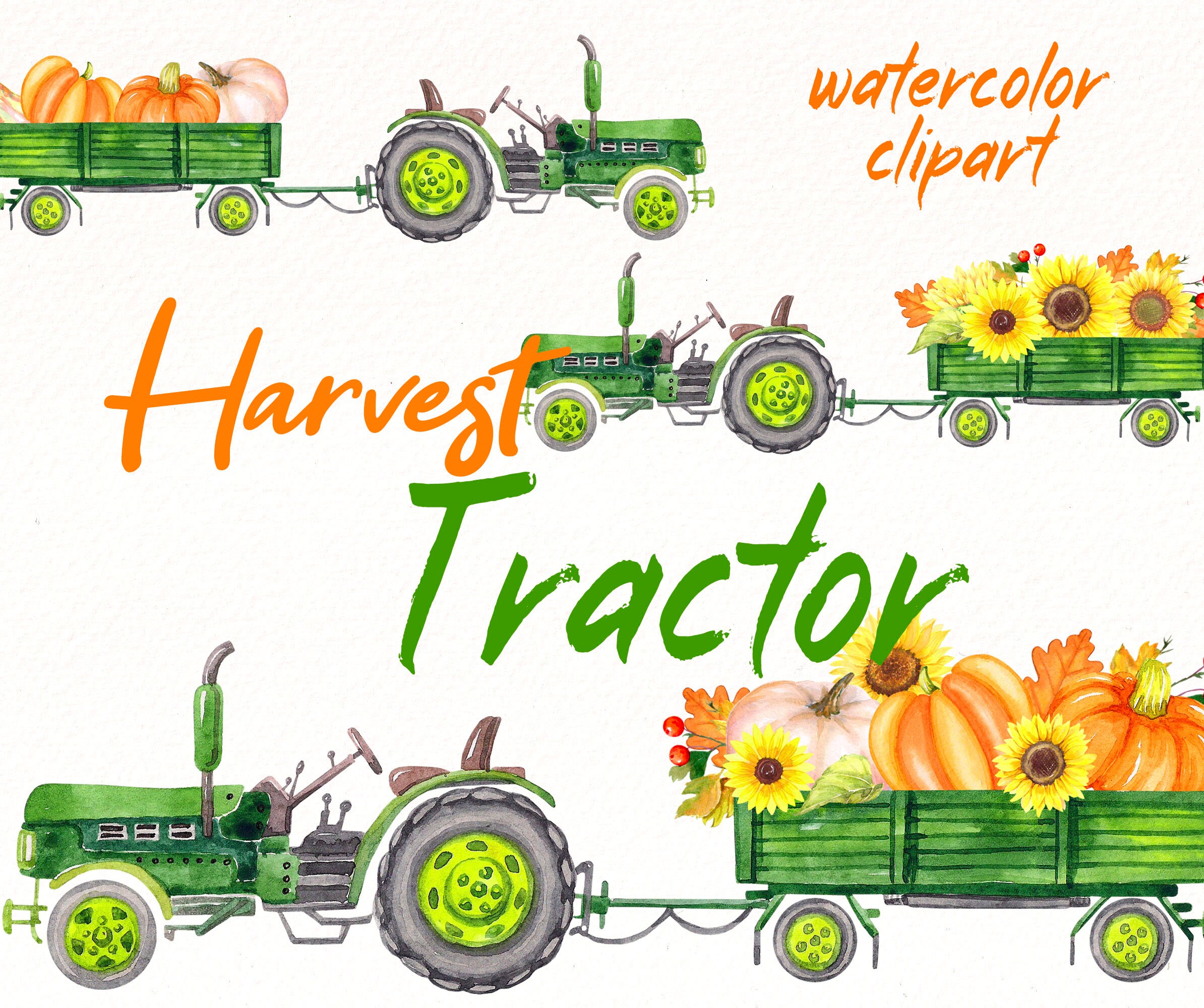 Watercolor Harvest Tractor clipart with pumpkins and Etsy