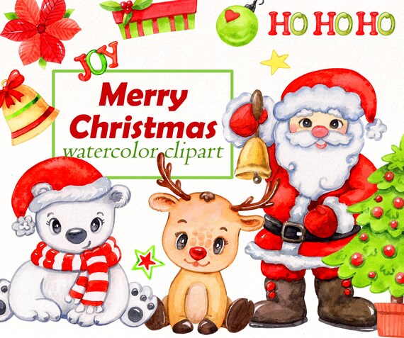 Download Watercolor Christmas Clipart Santa Baby Deer Set White Etsy