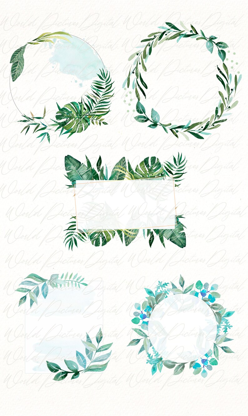 png files digital download greenery palm leaves wedding frames Watercolor Tropical frame clipart Spring floral wreath