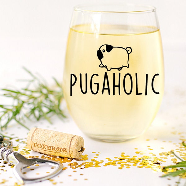 Verre à vin pugaholic | Pug Vin Verre | Pug Cadeau | Pug Mom Cadeau| Verre à vin de chien | Pug Lover Cadeau | Verre à vin pour animaux | Verre à vin personnalisé