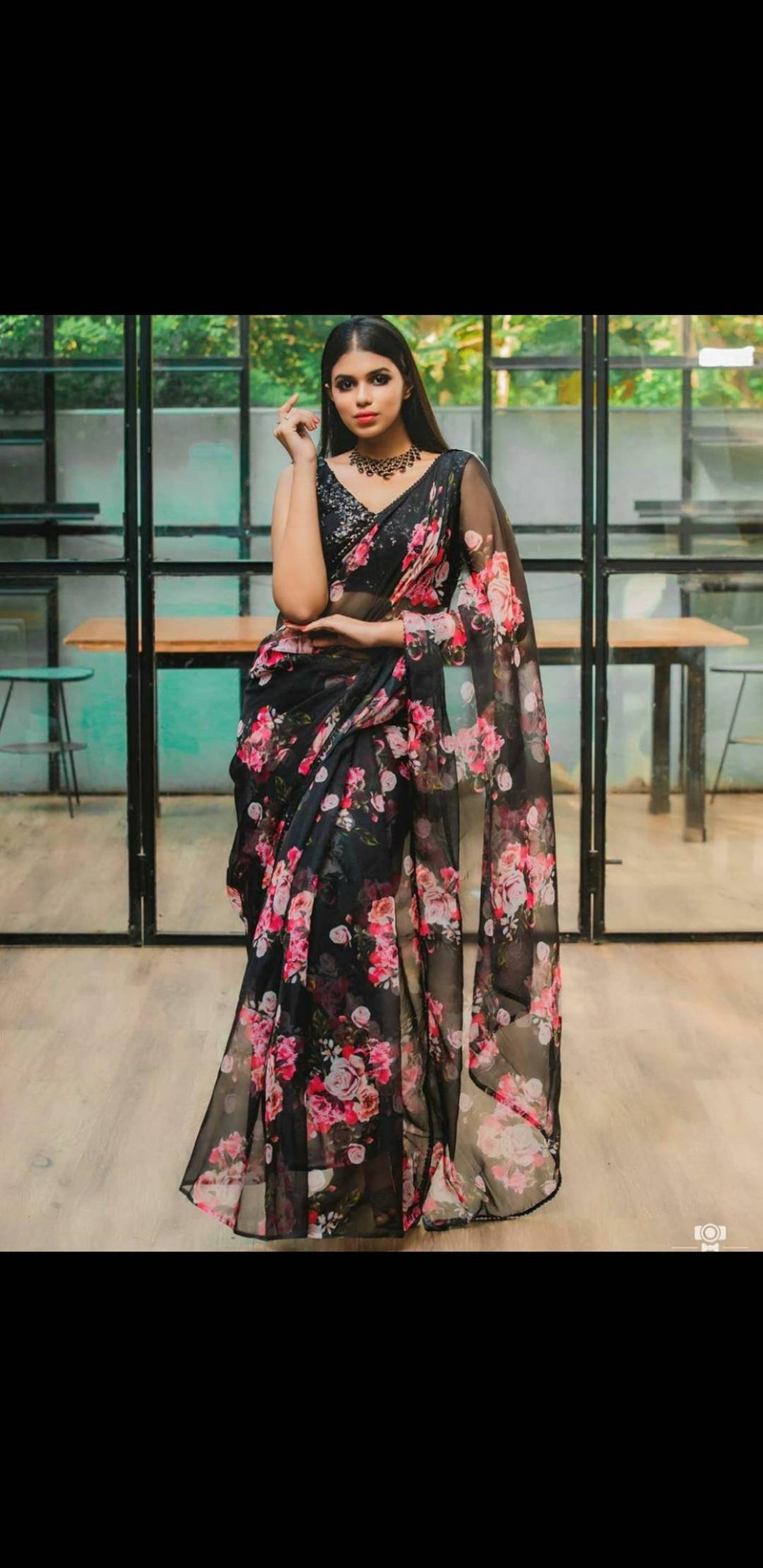 Black colour designer floral saree partywear saree Bollywood | Etsy