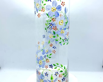 Hand painted glass vase forget me nots. Blue flowers vase. Vase for gardeners. Memory vase.