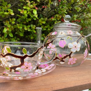 Hand Painted Glass Teapot: Cherry Blossom Tea Set, Infuser Teapot