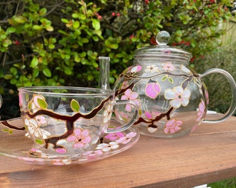 Hand Painted Glass Teapot Cherry Blossom Decorative Teapot or Tea Set Gift For Tea Lover Glass Teapot Infuser Pink Teapot