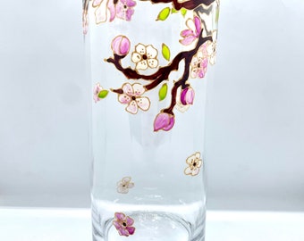 Hand Painted Vase Pink Cherry Blossom Glass Vase Gift Pretty Floral Vase