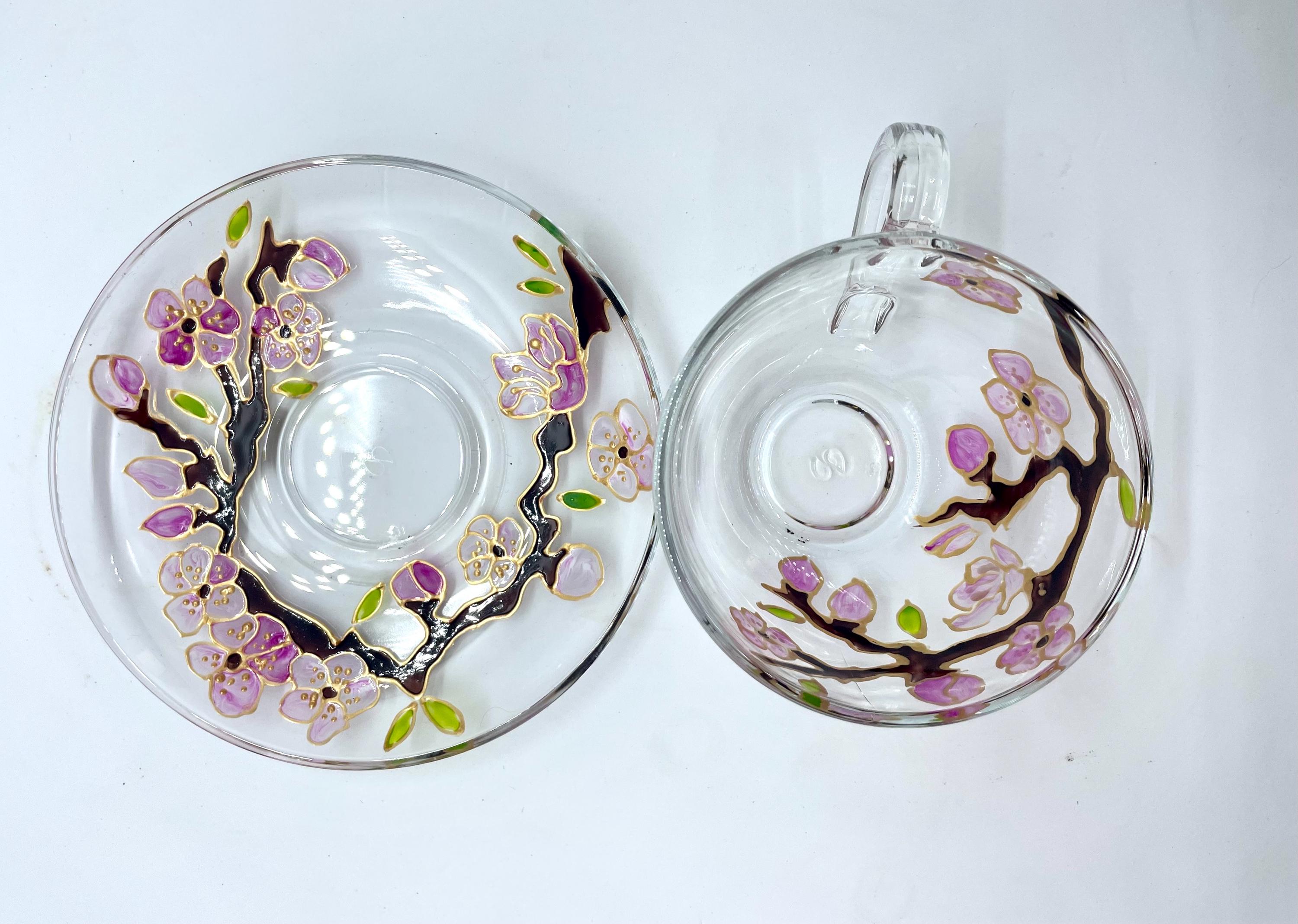 ★asian interior★ ★Glass＆Flower・set Hand Painted Cherry Blossom Glass Teacup and Saucer Set - Etsy