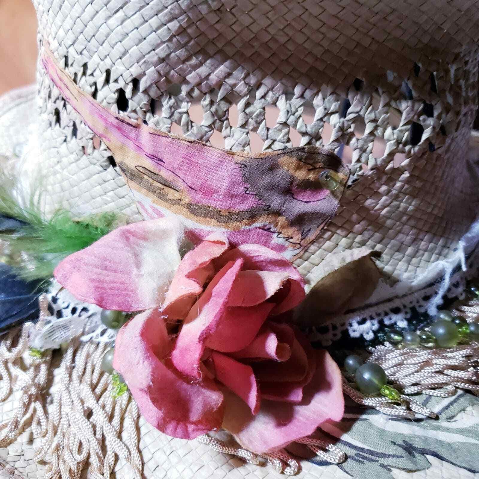 Vintage Scala Straw Hat Upcycled Painted Beadsbird, Feathers  display picture 2
