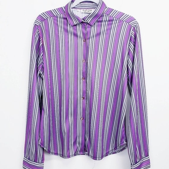 VINTAGE Huk-a-poo 70's Navy, Pink and White Stripe Button Down Shirt Size  Large 