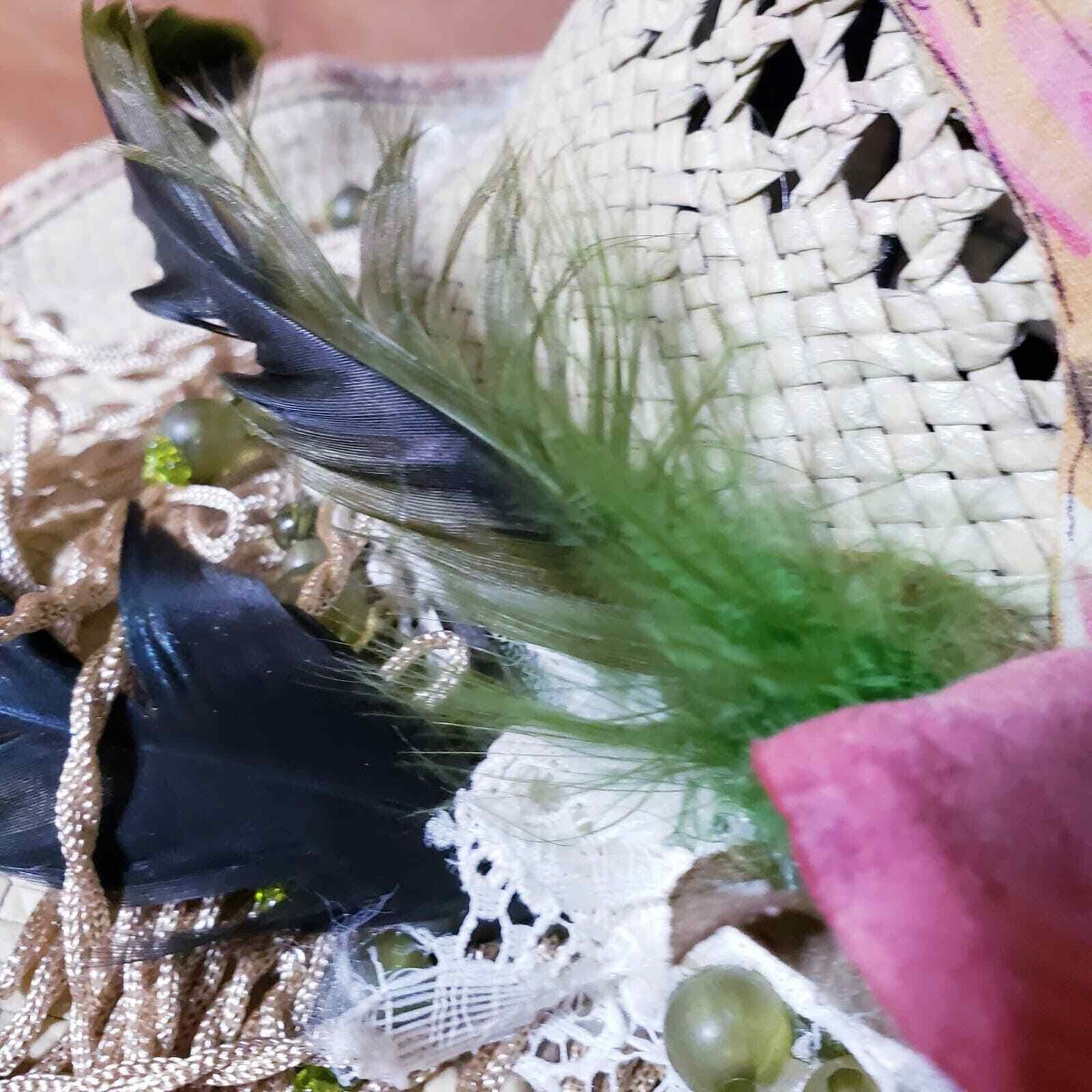 Vintage Scala Straw Hat Upcycled Painted Beadsbird, Feathers 