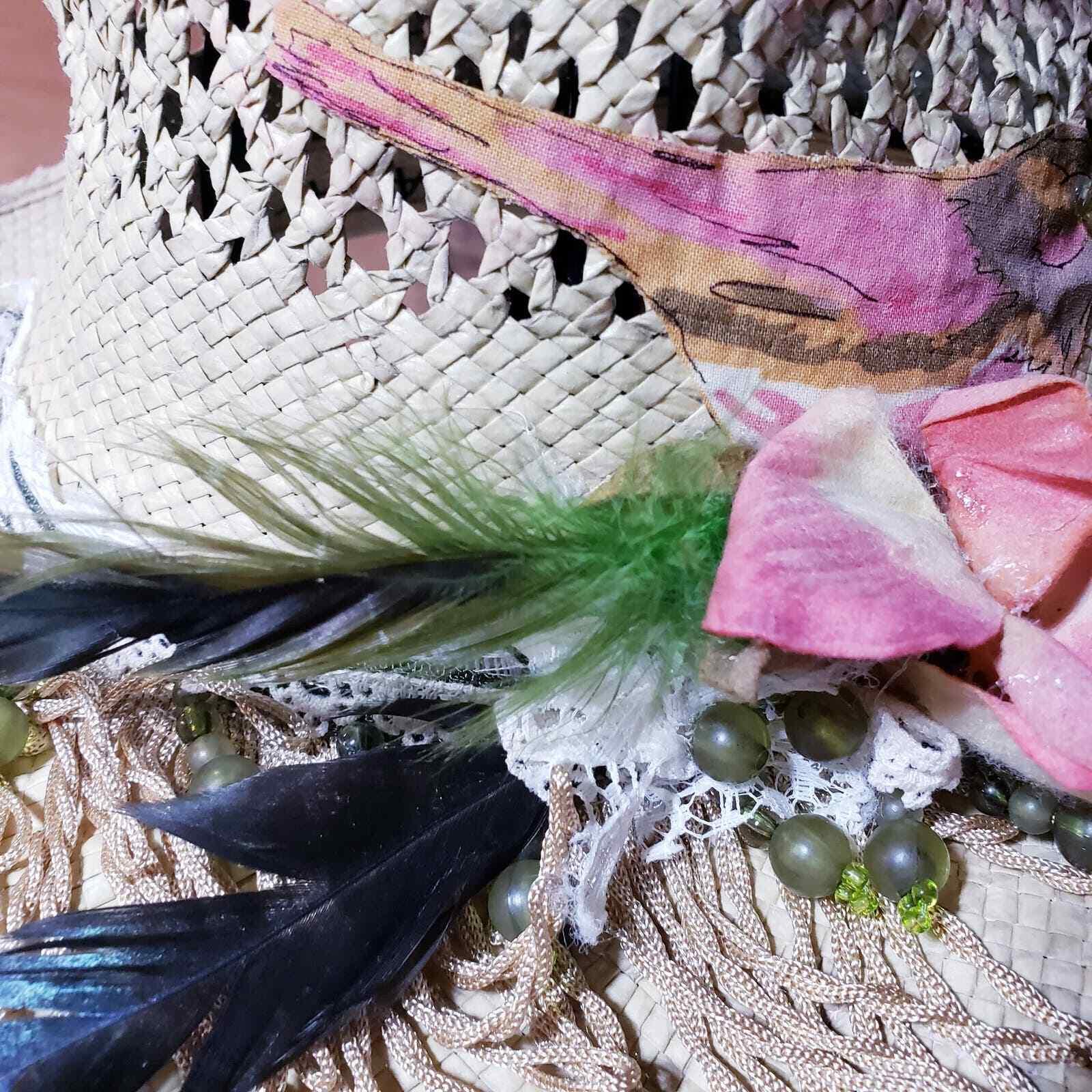 Vintage Scala Straw‎ Hat Upcycled Painted beads, feathers Vintage Scala Straw Hat Upcycled Painted Beadsbird, Feathers  main image 2