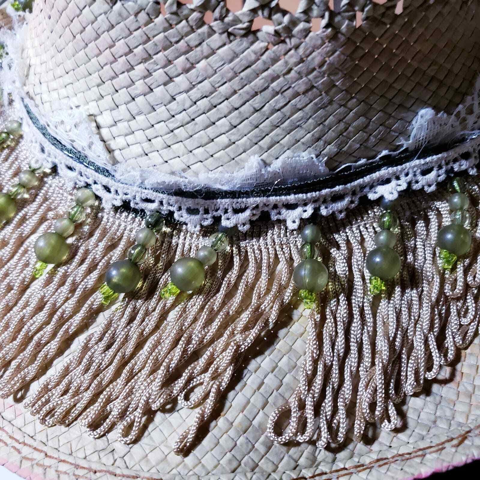 Vintage Scala Straw‎ Hat Upcycled Painted beads, feathers Vintage Scala Straw Hat Upcycled Painted Beadsbird, Feathers  main image 3
