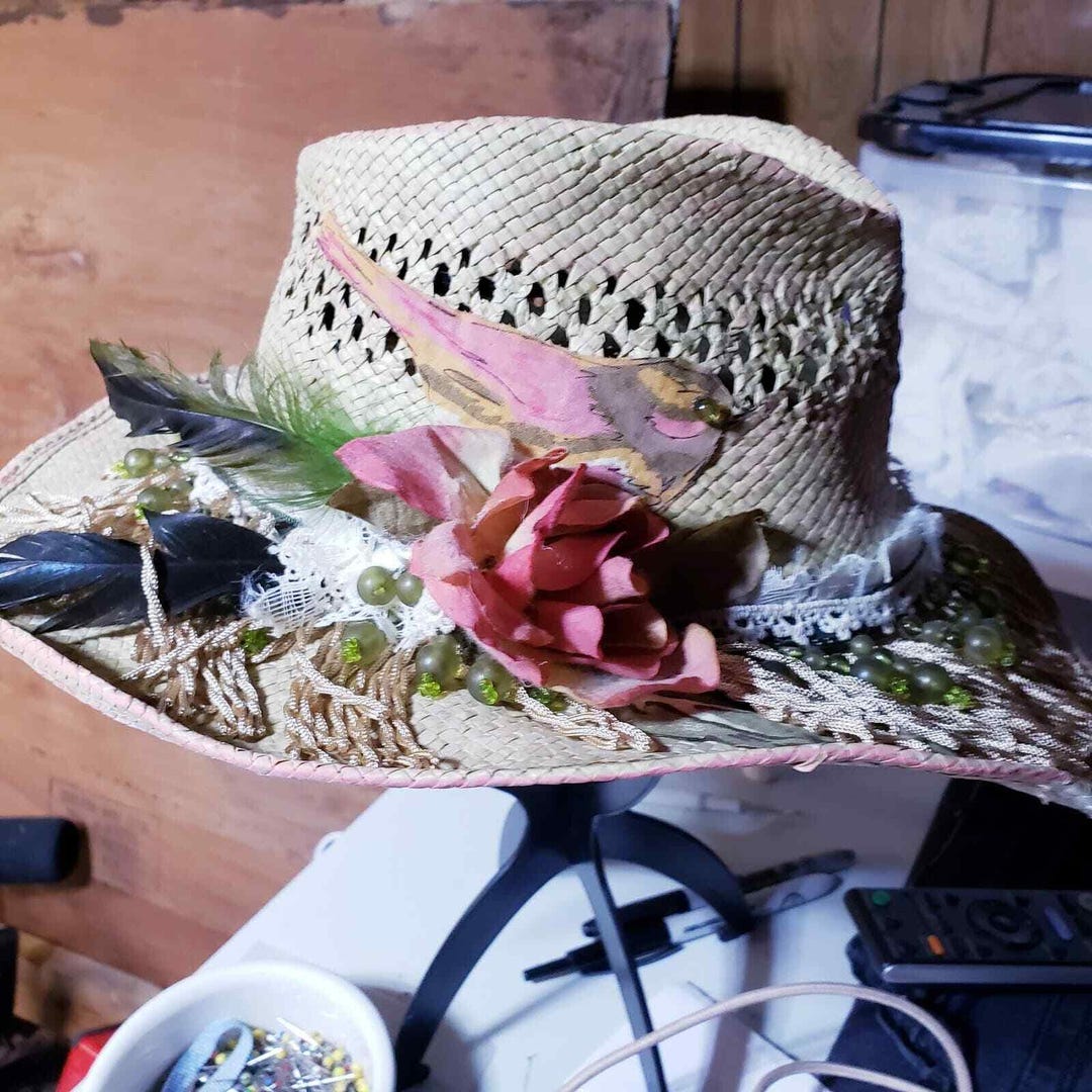 Vintage Scala Straw‎ Hat Upcycled Painted beads, feathers Vintage Scala Straw Hat Upcycled Painted Beadsbird, Feathers  main image 4