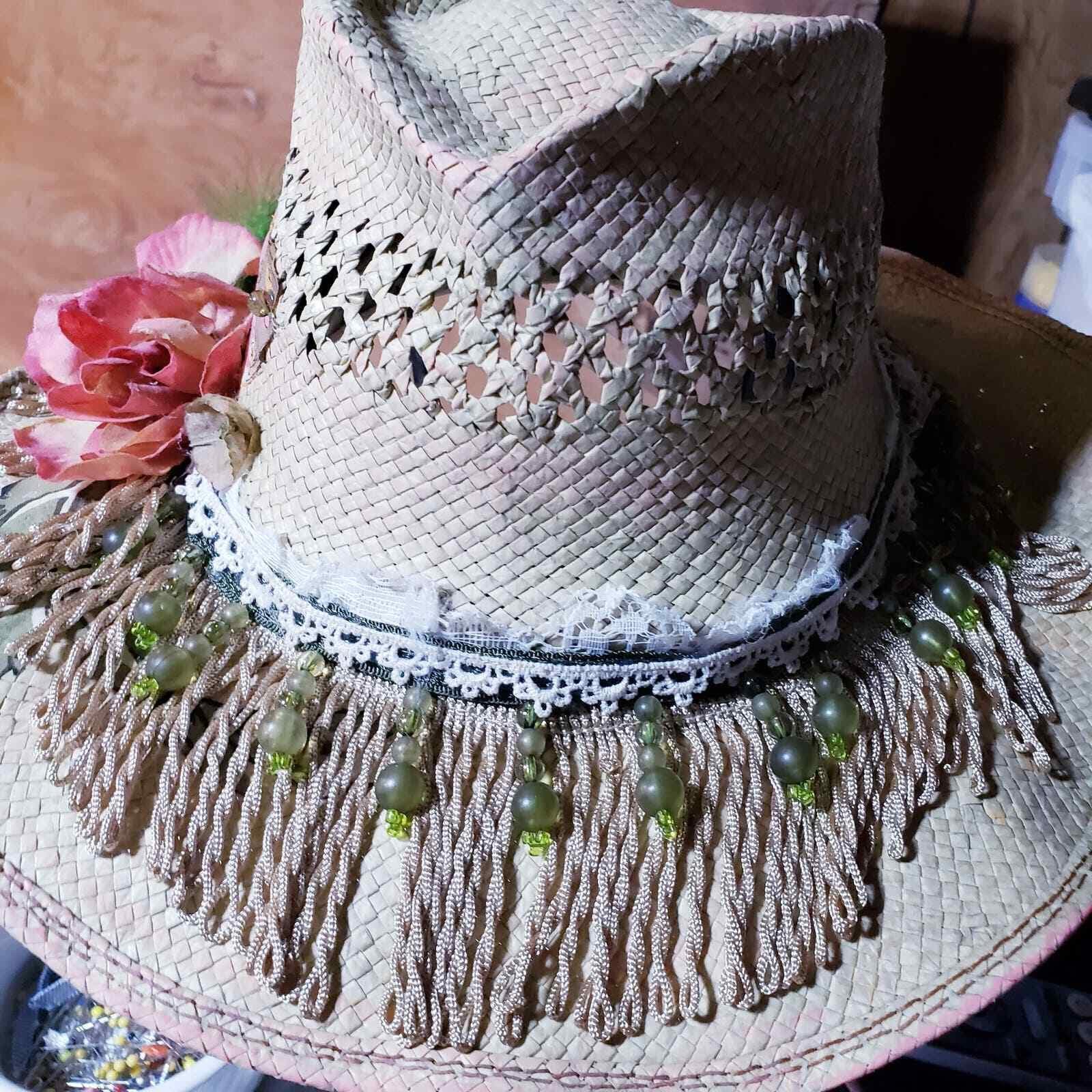 Vintage Scala Straw Hat Upcycled Painted Beadsbird, Feathers  display picture 3