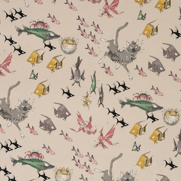 Alexander Henry - A Ghastlies Dive Lake - floating cats and fish in "Henry" style on cream - cotton fabric patchwork fabric