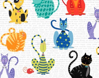 Wilmington Prints -  Stephanie Marrott Collection - Feeline Good - Katzen und Mäuse auf weißem Hintergrund - Kinderstoff Patchworkstoff