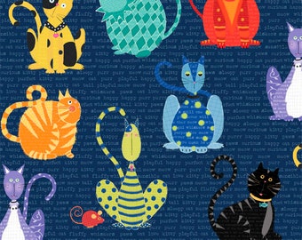 Wilmington Prints - Stephanie Marrott Collection - Feeline Good - Katzen und Mäuse auf dunkelblauen Hintergrund - Kinderstoff Patchworkstoff