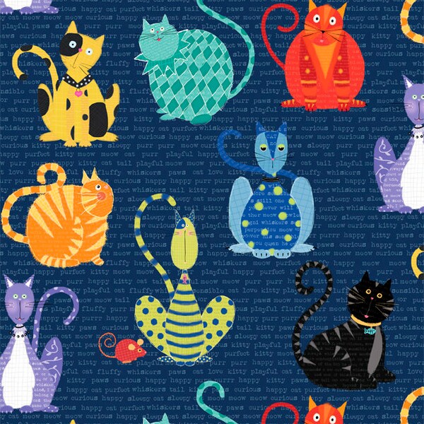 Wilmington Prints - Stephanie Marrott Collection - Feeline Good - Katzen und Mäuse auf dunkelblauen Hintergrund - Kinderstoff Patchworkstoff