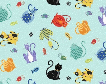 Wilmington Prints - Stephanie Marrott Collection - Feeline Good - Katzen, Mäuse und Fische auf hellem Türkis - Kinderstoff Patchworkstoff