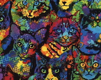 Timeless Treasures - Paint Splatter Cats - Katzen in Regenbogenfarben - Baumwollstoff Patchworkstoff