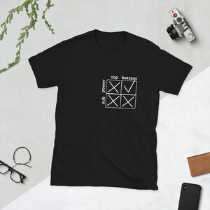 Puede incluir: Camiseta negra con un gráfico blanco en el pecho izquierdo. El gráfico presenta una cuadrícula con las palabras "top bottom" y "sub power" y una marca de verificación. Se ve una cámara, una cartera y un teléfono.