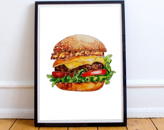 BFF Gift Idea Retro Food Poster Red Kitchen Print Beef Burger Art Apartment Art Living Room Decor Mid Century Modern Illustration