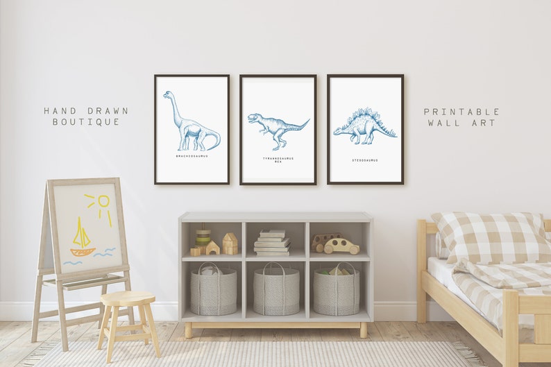 Blue Dinosaur Wall Art Print Dino Set of 3 Prints Navy Blue Etsy