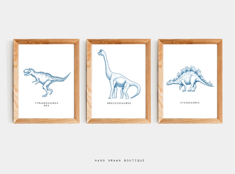 Blue Dinosaur Wall Art Print Dino Set of 3 Prints Navy Blue Etsy