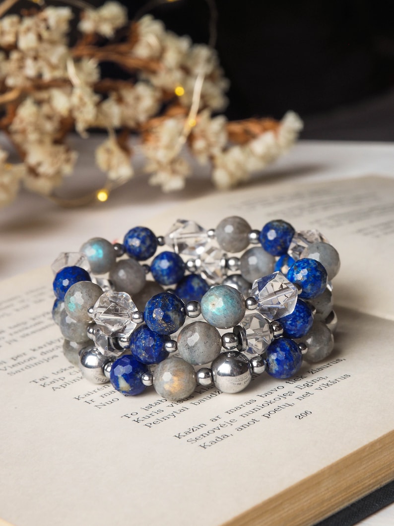 Clear Quartz Bracelet Lapis Lazuli Crystal Bracelet Set December Birthstone Stacking Bracelets For Women Labradorite Bracelet Stack Of 3