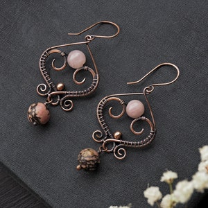 Pink Heart Earrings, Rhodonite and Rose Quartz Copper Earrings Gifts For Wife image 7