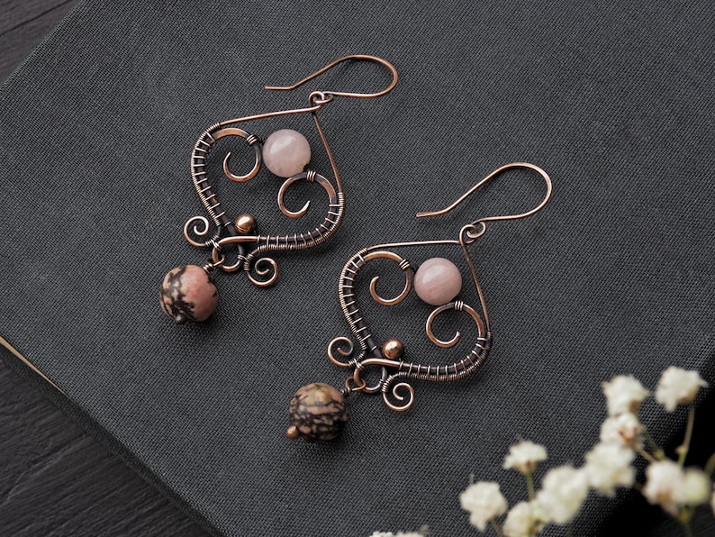 Pink Heart Earrings, Rhodonite and Rose Quartz Copper Earrings Gifts For Wife image 7