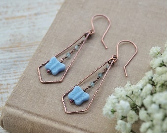 Blue Butterfly Copper Earrings, Spring Earrings Cottagecore Jewelry