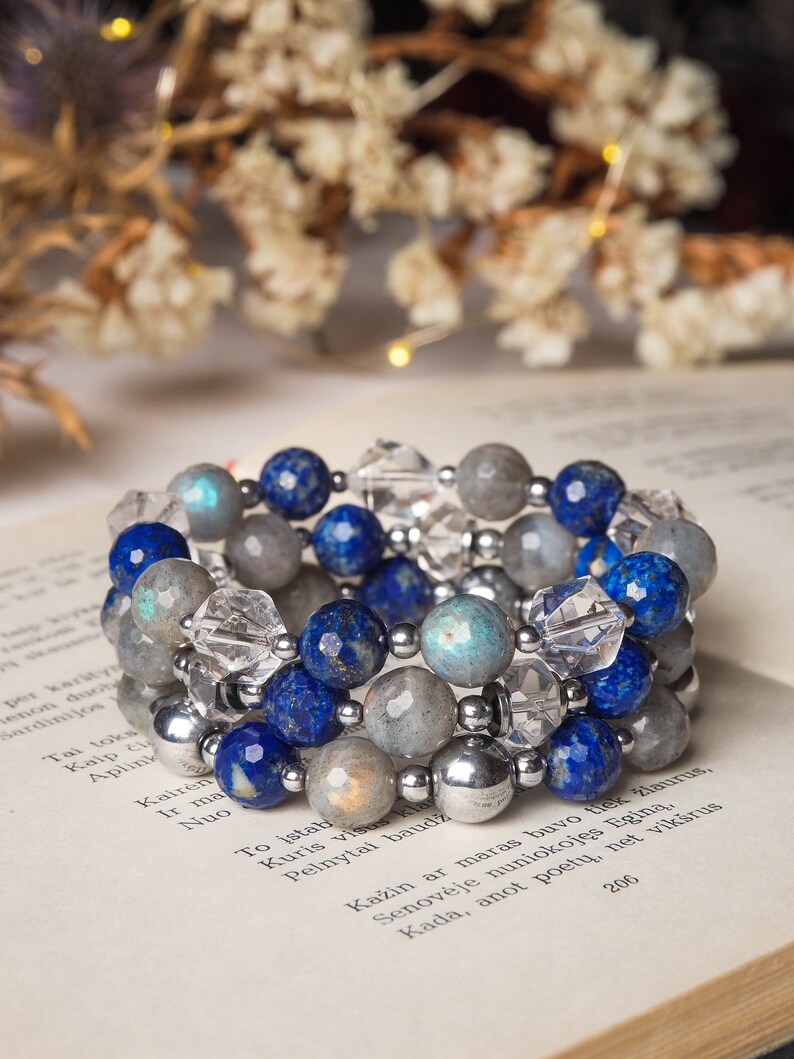 Clear Quartz Bracelet Lapis Lazuli Crystal Bracelet Set December Birthstone Stacking Bracelets For Women Labradorite Bracelet Stack Of 3