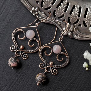 Pink Heart Earrings, Rhodonite and Rose Quartz Copper Earrings Gifts For Wife image 4