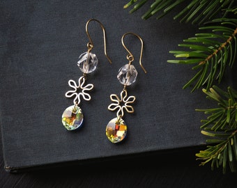 Long Dangle Snowflake Earrings For Her, Gold Winter Jewelry, Quartz Earrings