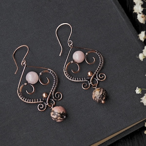 Pink Heart Earrings, Rhodonite and Rose Quartz Copper Earrings Gifts For Wife image 1