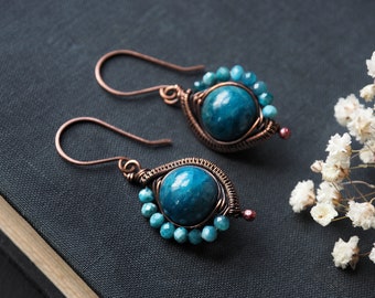 Blue Apatite Earrings Wire Wrapped Jewelry For Her, Blue Dangle Earrings For Women
