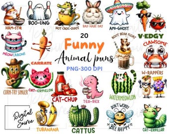 20 Funny Animal Pun Bundle Png,  Sarcastic Png, Clip-Art Bundle, Sublimation Designs, Digital Download