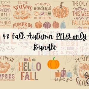 May include: A digital download of 48 fall and autumn themed PNG images. The images feature pumpkins, leaves, and text such as "Fall Vibes", "Hello Fall", and "Pumpkin Spice".