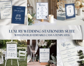 May include: A collection of navy blue and white wedding stationery, including invitations, bar menus, table numbers, and signage. The text includes "Save the Date," "The Bar Menu," and "The Details." The suite is designed for luxury weddings.