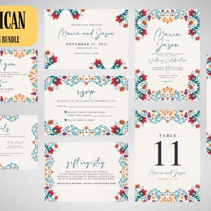 Faire-part sur le thème du mariage de style mexicain, réservez la date, registre, détails, RSVP, menu, numéro de table. Fête colorée et joyeuse
